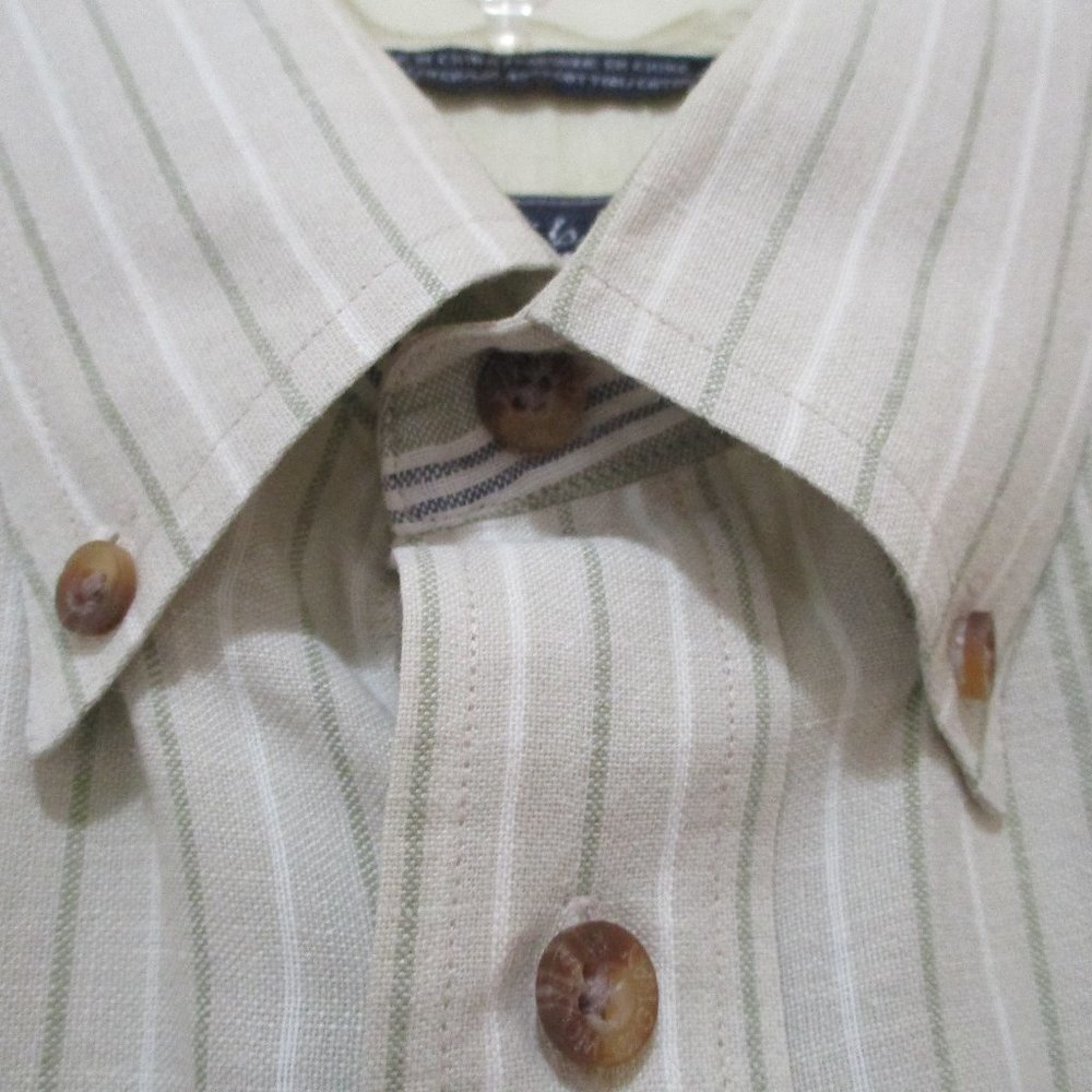 Linen Cotton Short Sleeve Oxford Shirt sz M Beige Striped - Picture 3 of 11